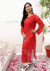 Zoya Premium Red Georgette Chikankari Kurta| chikan curry kurti | lakhnavi kurta | lucknow chikan kurti | chickan curry kurta