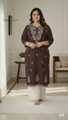 Adira Brown Cotton Chikankari Kurti - Plus Size